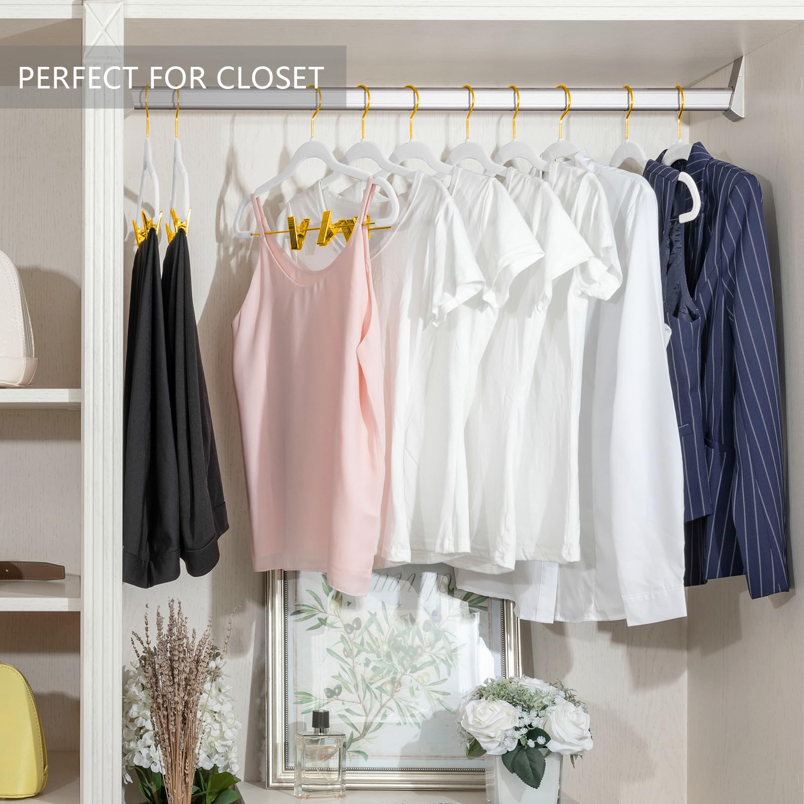 Mizgi Premium Velvet Pants Hangers With Adjustable Clips (Pack Of 20) Slim Skirt Hangers- Non Slip Felt Outfit Dress Hangers Whi